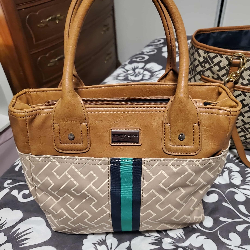 Tommy Hilfiger Tan and Cream Satchel with Blue Stripe